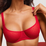 Women's Sexy Mesh Underwire Balconette Bra Lipstick Red