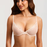 DOBREVA Mesh Sheer Demi Underwire Unlined Balconette Bra With Lace Trim Beige