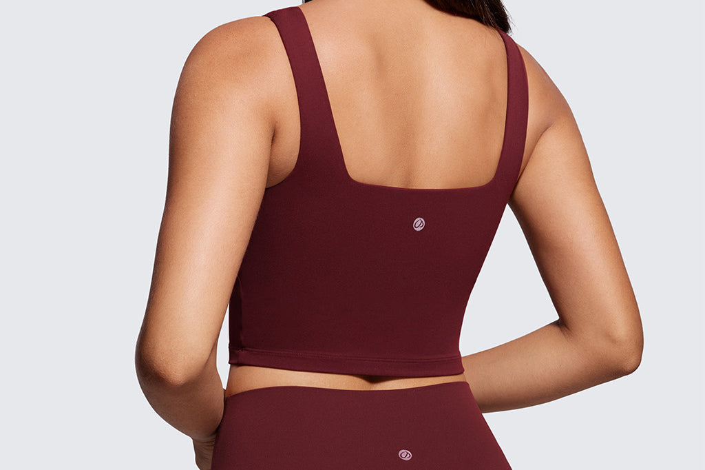 CRZ YOGA Women's Square Neck Longline Sports Bra Red Merlot