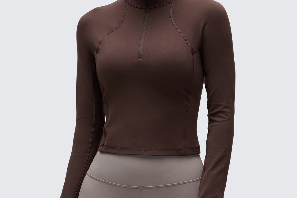 CRZ YOGA Women's Half Zip Long Sleeve Cropped Top Hot Fudge Brown