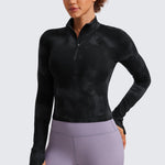 CRZ YOGA Women's Half Zip Long Sleeve Cropped Top Black Tie Dye Flowers